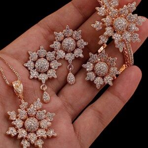 Rose Gold Floral CZ Pendant Necklace & Earring Set, Ring and Bracelet Set